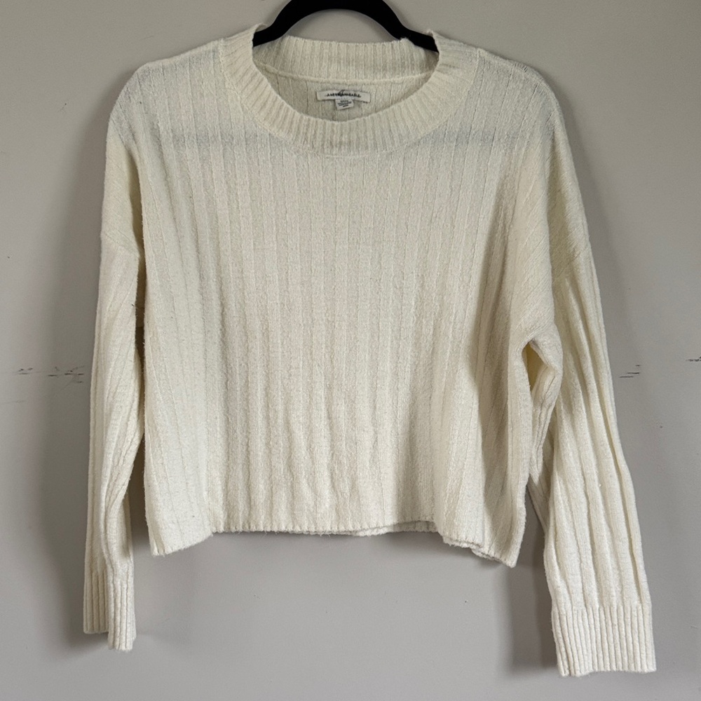 American Eagle Ivory Cream‎ Ribbed Cropped Sweater Soft Cozy Small
